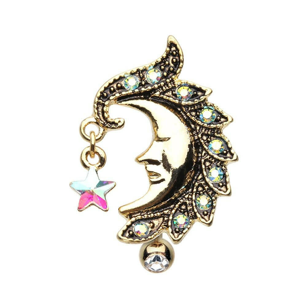 Golden Heavenly Moon Face Reverse Drop Top Belly Button Ring Navel Ring Impulse Piercings