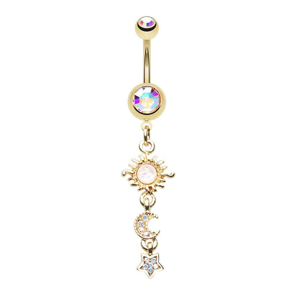 Golden Iridescent Celestial Sun Moon Star Belly Button Ring Navel Ring Impulse Piercings