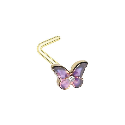 Golden Lavender Butterfly L-Shaped Nose Ring Nose Ring Impulse Piercings