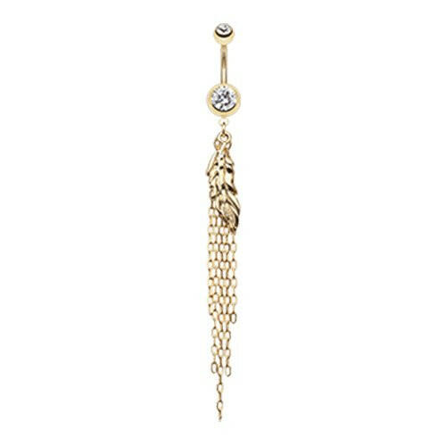 Golden Leaf Tassel Belly Button Ring Navel Ring Impulse Piercings Clear