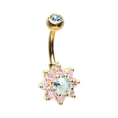 Golden Luxuriant Spring Flower Cubic Zirconia Belly Button Ring Navel Ring Impulse Piercings Aqua/Pink