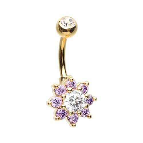 Golden Luxuriant Spring Flower Cubic Zirconia Belly Button Ring Navel Ring Impulse Piercings Clear/Purple