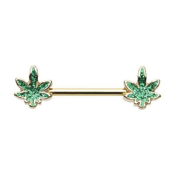 Golden Marijuana Sativa Cannabis Pot Leaf Nipple Barbell Ring Nipple Ring Impulse Piercings