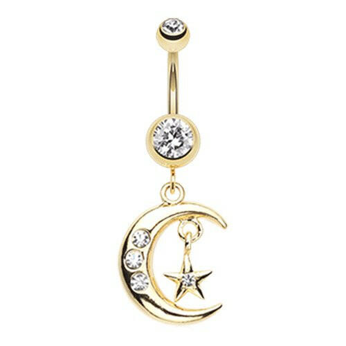 Golden Moon and Star Belly Button Ring Navel Ring Impulse Piercings Clear