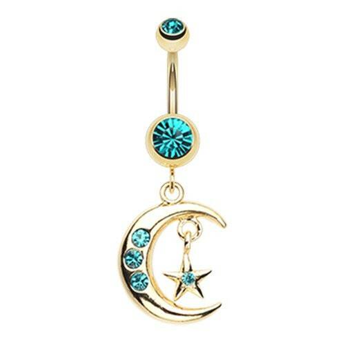 Golden Moon and Star Belly Button Ring Navel Ring Impulse Piercings Teal