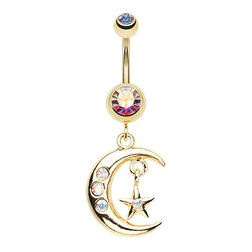 Golden Moon and Star Belly Button Ring Navel Ring Impulse Piercings Aurora Borealis