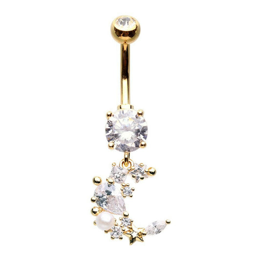 Golden Moon Cluster Cubic Zirconia Belly Button Ring Navel Ring Impulse Piercings