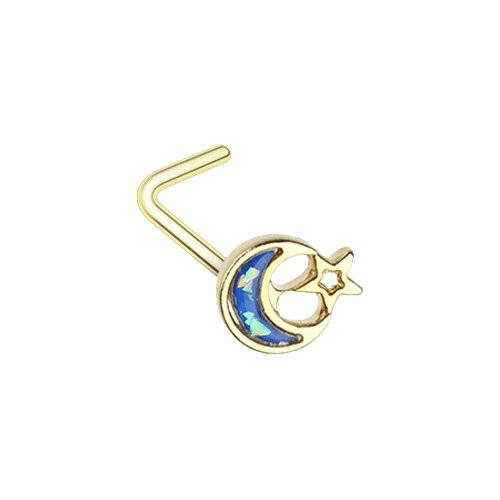 Golden Opal Crescent Moon & Star L-Shape Nose Ring Nose Ring Impulse Piercings