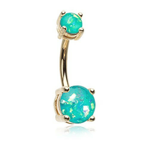 Golden Opal Sparkle Prong Set Belly Button Ring Navel Ring Impulse Piercings Teal