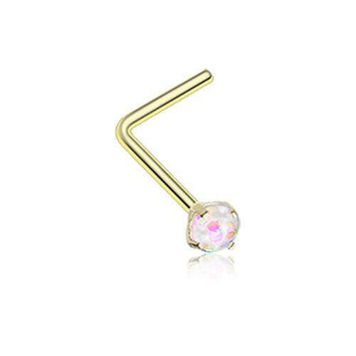 Golden Opal Sparkle Prong Set L-Shaped Nose Ring Nose Ring Impulse Piercings 20 gauge (0.8mm) White