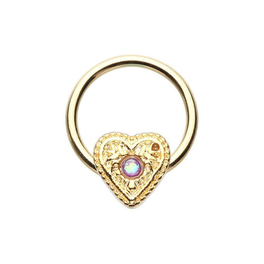 Golden Ornate Opal Heart Steel Captive Bead Ring Captive Bead Impulse Piercings 5/16" (8mm)