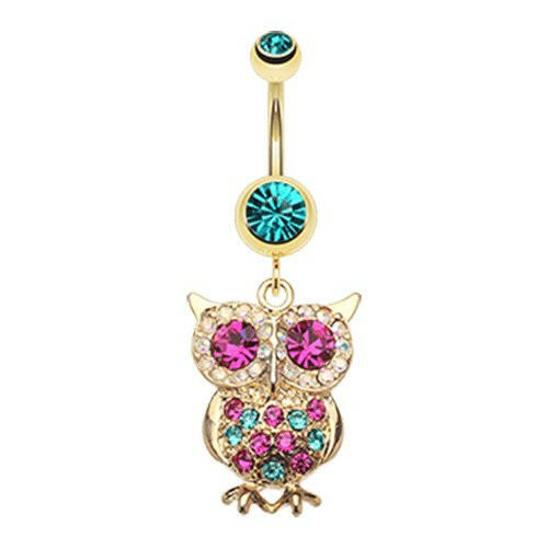 Golden Owl Sparkle Belly Button Ring Navel Ring Impulse Piercings Teal