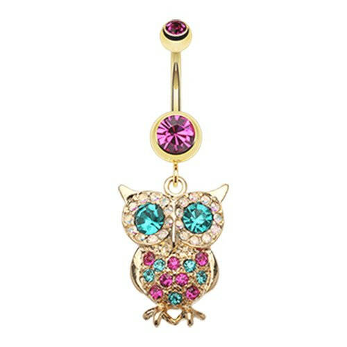 Golden Owl Sparkle Belly Button Ring Navel Ring Impulse Piercings Fuchsia