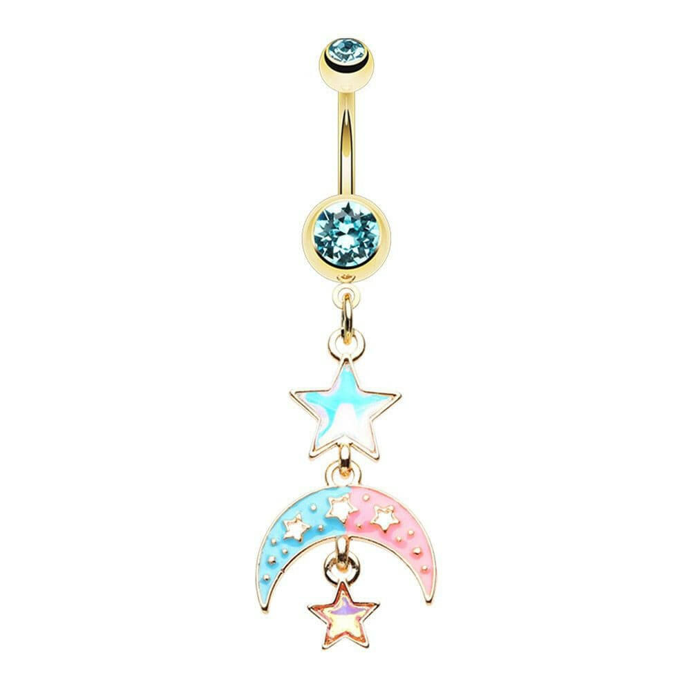 Golden Pastel Moon Star Belly Button Ring Navel Ring Impulse Piercings