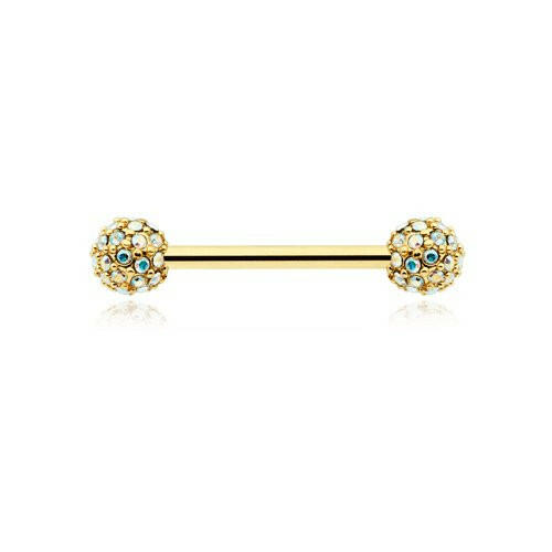 Golden Pave Diamond Full Dome Cluster Nipple Barbell Ring Nipple Ring Impulse Piercings 14 GA (1.6mm) Aurora Borealis