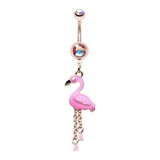 Golden Pink Flamingo Dangle Belly Button Ring Navel Ring Impulse Piercings