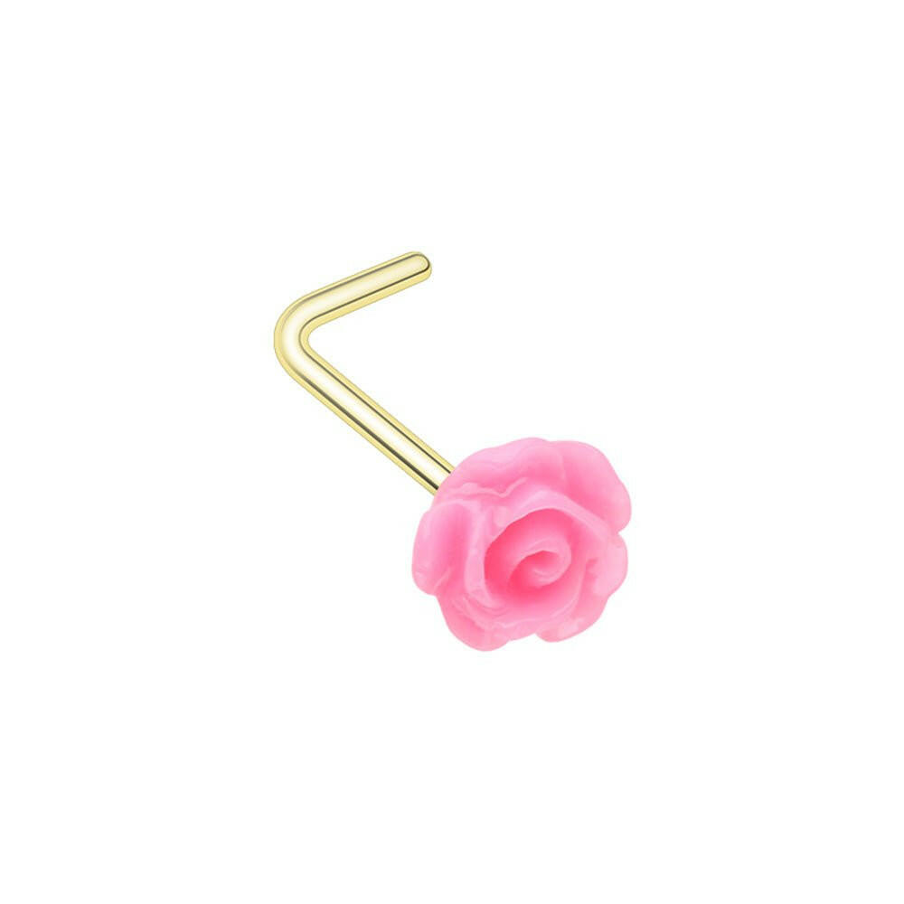 Golden Pink Rose L-Shape Nose Ring Nose Ring Impulse Piercings 20 GA (0.8mm)/Pink