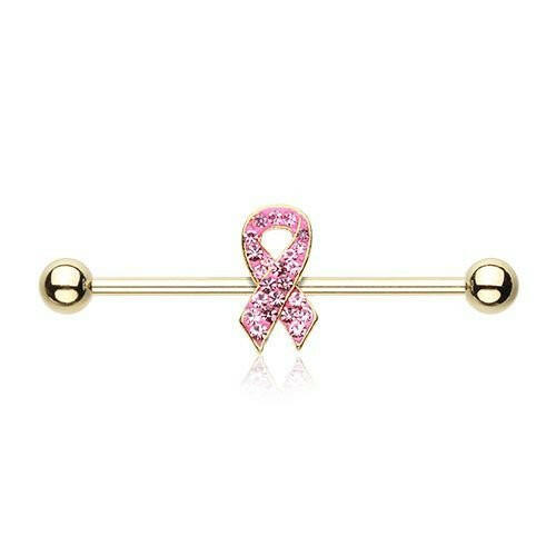 Golden Pink Sparkle Awareness Ribbon Industrial Barbell Industrial Barbell Impulse Piercings