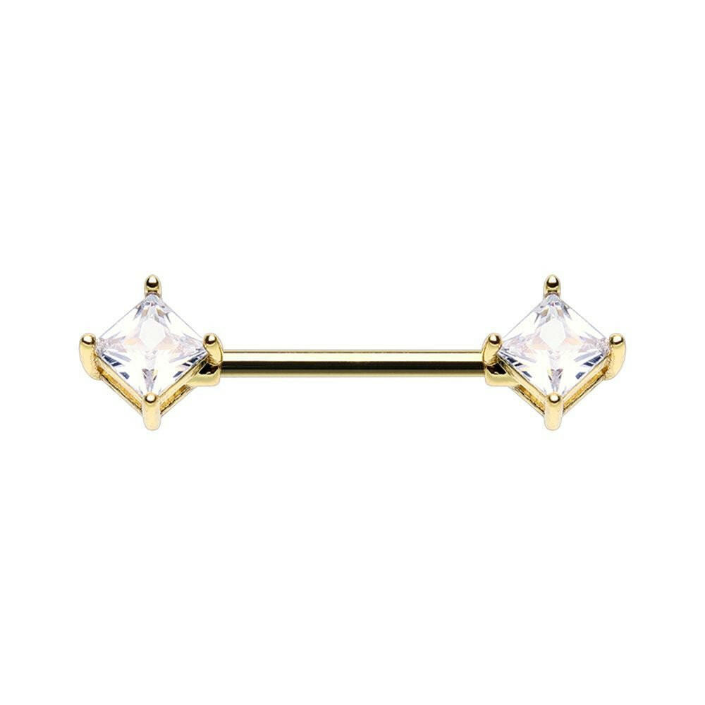 Golden Princess Cut Square Gem Nipple Barbell Ring Nipple Ring Impulse Piercings