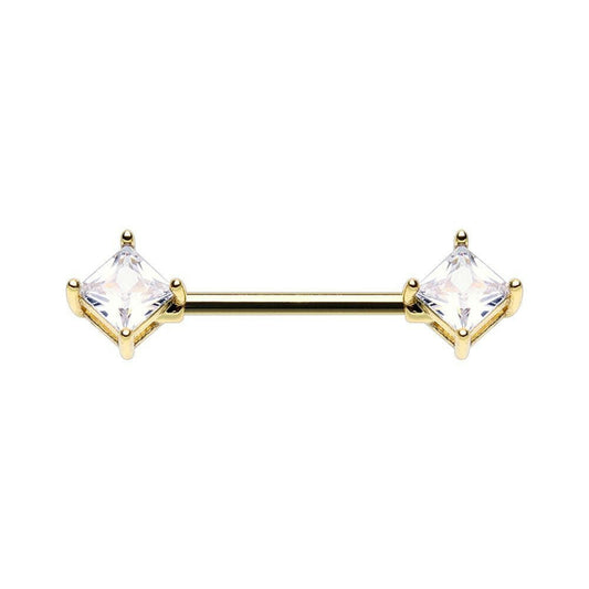 Golden Princess Cut Square Gem Nipple Barbell Ring Nipple Ring Impulse Piercings