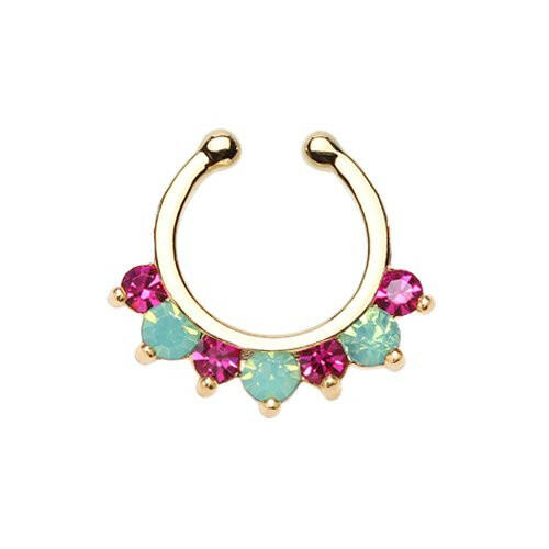 Golden Prong Pacific Opal Gem Precia Fake Septum Clip-On Ring Fake Septum Ring Impulse Piercings Fuchsia/ Pacific Opal