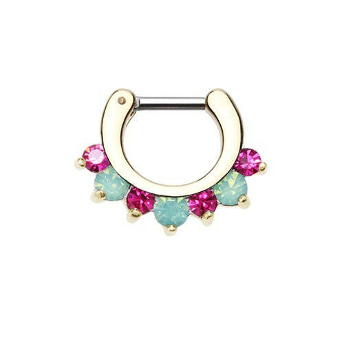 Golden Prong Pacific Opal Gem Precia Septum Clicker Septum Ring Impulse Piercings 16 GA (1.2mm) 1/4" (6mm) Fuchsia/ Pacific Opal