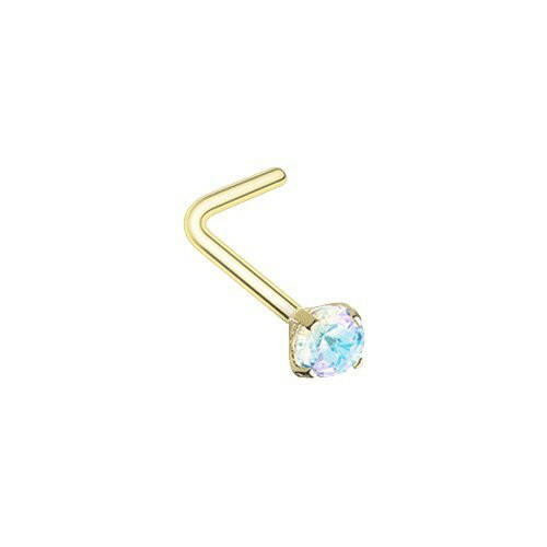 Golden Prong Set Iridescent Gem Top Steel L-Shaped Nose Ring Nose Ring Impulse Piercings 20 gauge (0.8mm) Vitrail Light