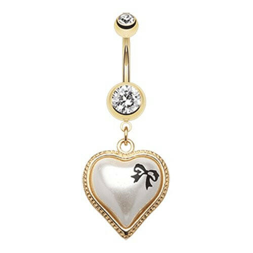 Golden Puffed Pearl Bow-Tie Heart Belly Button Ring Navel Ring Impulse Piercings Clear