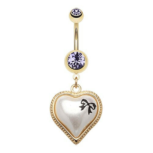 Golden Puffed Pearl Bow-Tie Heart Belly Button Ring Navel Ring Impulse Piercings Tanzanite