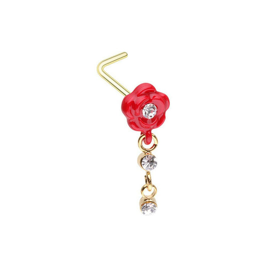 Golden Red Rose Dangle Gem L-Shape Nose Ring Nose Ring Impulse Piercings