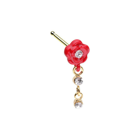 Golden Red Rose Dangle Gem Nose Stud Ring Nose Ring Impulse Piercings