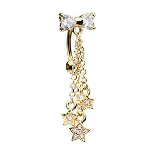 Golden Reversible Drop Down CZ Bow Stars Cubic Zirconia Belly Button Ring Navel Ring Impulse Piercings