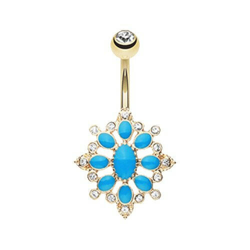 Golden Roesia Ornate Multi-Gem Belly Button Ring Navel Ring Impulse Piercings Clear/Blue