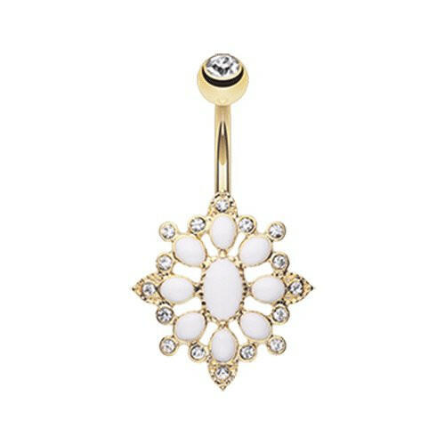 Golden Roesia Ornate Multi-Gem Belly Button Ring Navel Ring Impulse Piercings Clear/White