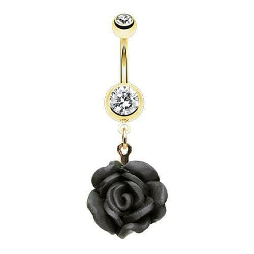 Golden Rose Belly Button Ring Navel Ring Impulse Piercings Clear/Black