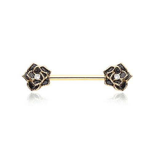 Golden Rose Sparkle Nipple Barbell Ring Nipple Ring Impulse Piercings 14 GA (1.6mm) Black/Clear