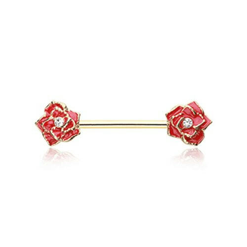 Golden Rose Sparkle Nipple Barbell Ring Nipple Ring Impulse Piercings 14 GA (1.6mm) Red/Clear