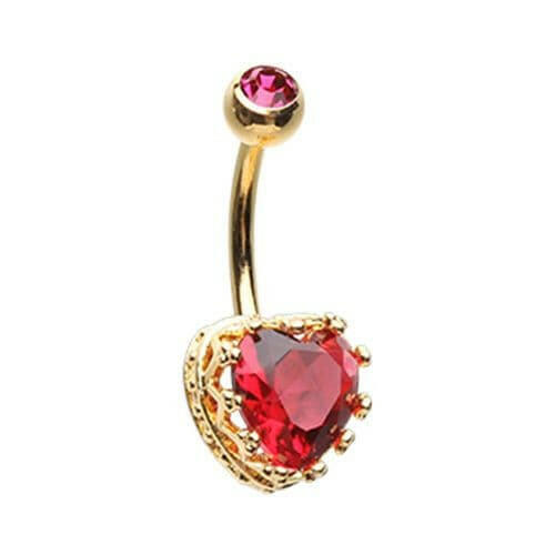 Golden Sacred Heart Crown Cubic Zirconia Belly Button Ring Navel Ring Impulse Piercings Red