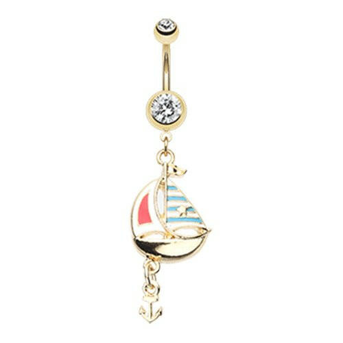 Golden Sail Boat Anchor Dangle Belly Button Ring Navel Ring Impulse Piercings Clear