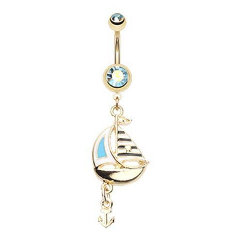 Golden Sail Boat Anchor Dangle Belly Button Ring Navel Ring Impulse Piercings Aqua/Aurora Borealis