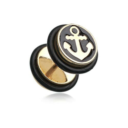 Golden Sailor Anchor Steel Fake Plug Earrings with O-Rings Fake Plug Earrings Impulse Piercings 16 GA (1.2mm)