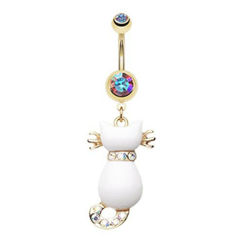 Golden Sassy White Kitty Cat Belly Button Ring Navel Ring Impulse Piercings