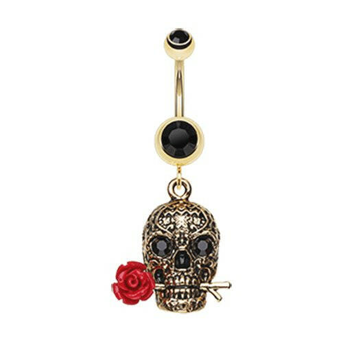 Golden Skull Rose Belly Button Ring Navel Ring Impulse Piercings Black