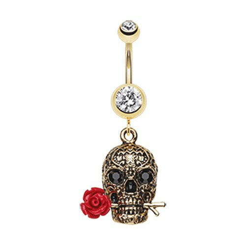 Golden Skull Rose Belly Button Ring Navel Ring Impulse Piercings Clear