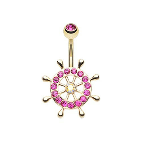 Golden Sparkle Anchor Wheel Belly Button Ring Navel Ring Impulse Piercings Fuchsia