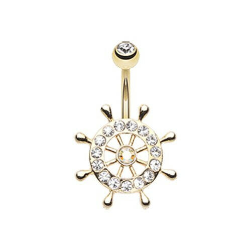 Golden Sparkle Anchor Wheel Belly Button Ring Navel Ring Impulse Piercings Clear