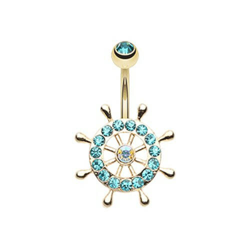 Golden Sparkle Anchor Wheel Belly Button Ring Navel Ring Impulse Piercings Teal