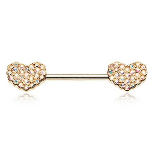 Golden Sparkle Multi-Gem Heart Nipple Barbell Ring Nipple Ring Impulse Piercings