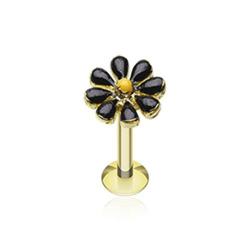 Golden Spring Blossom Flower Top Steel Labret Labret Impulse Piercings 16 GA (1.2mm) Black/Yellow