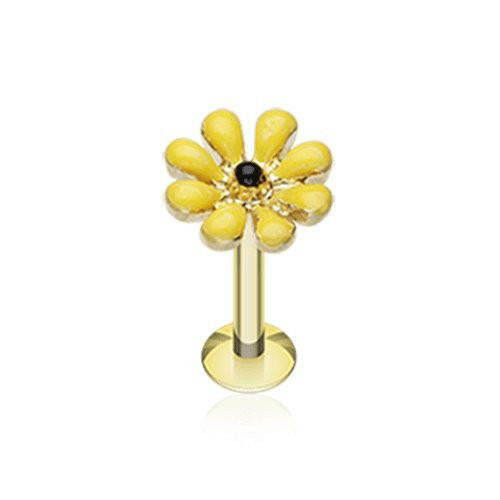 Golden Spring Blossom Flower Top Steel Labret Labret Impulse Piercings 16 GA (1.2mm) Yellow/Black